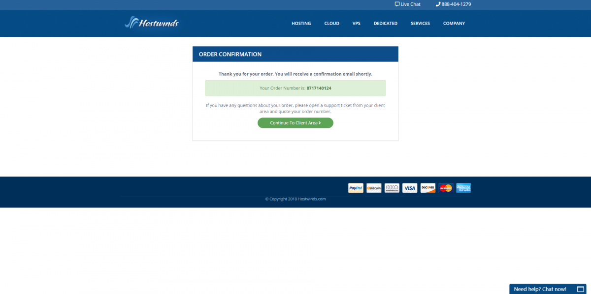 Hostwinds VPS支付成功页面
