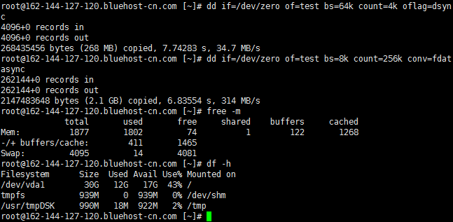 BlueHost美国云VPS I/O读写测试