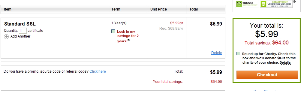 Godaddy SSL证书5.99美元每年