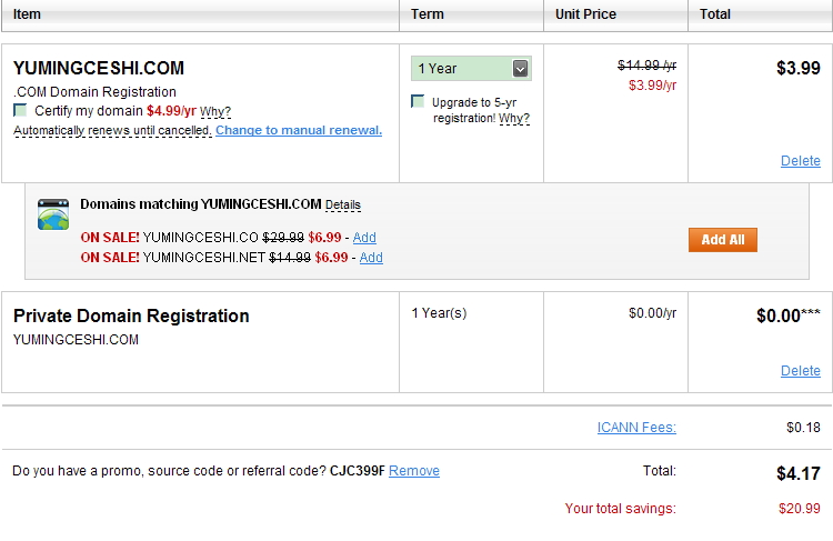 Godaddy com域名3.99优惠