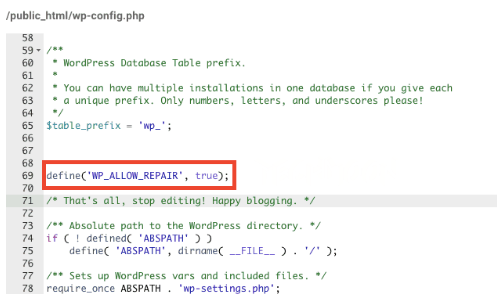 define('WP_ALLOW_REPAIR', true)配置文件