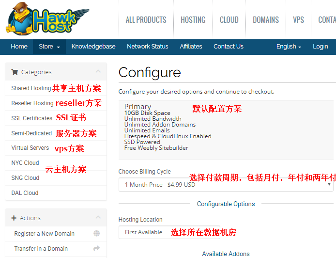 HawkHost产品列表菜单