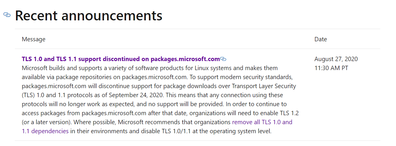 微软Linux 软件存储库9 月 24 日起 将不再支持 TLS 1.0/1.1