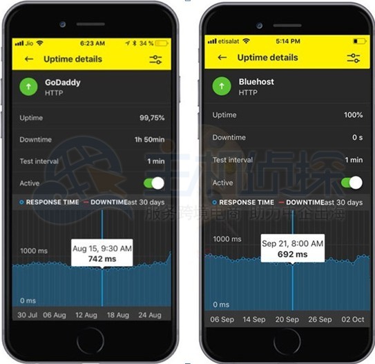 BlueHost和Godaddy运行时间对比