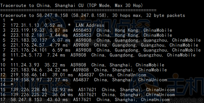 BlueHost香港服务器回程路由追踪