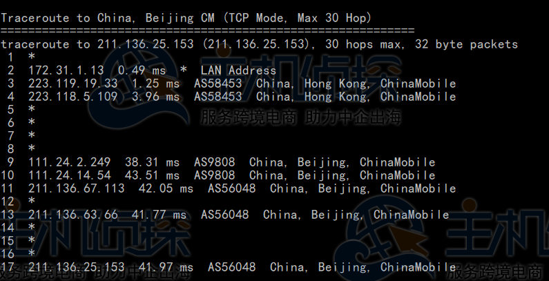 BlueHost香港服务器回程路由追踪