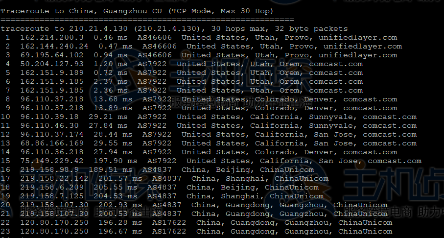 BlueHost美国服务器回程路由追踪