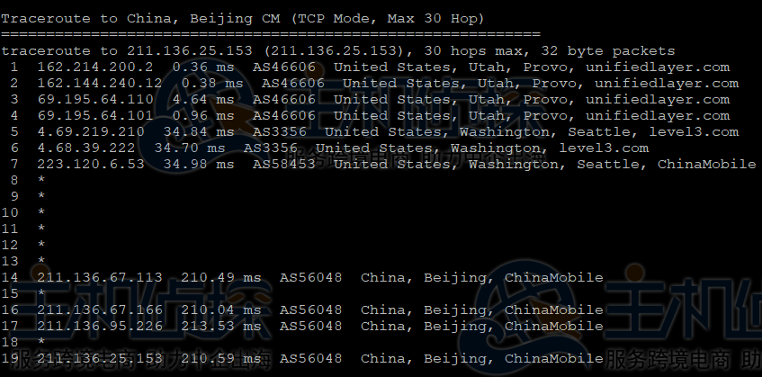 BlueHost美国服务器回程路由追踪