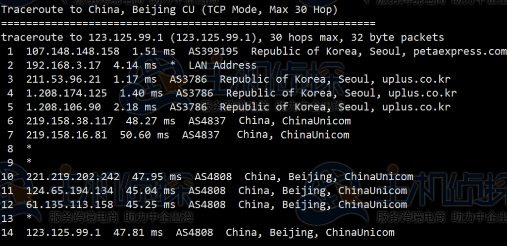 RAKsmart韩国服务器回程路由追踪