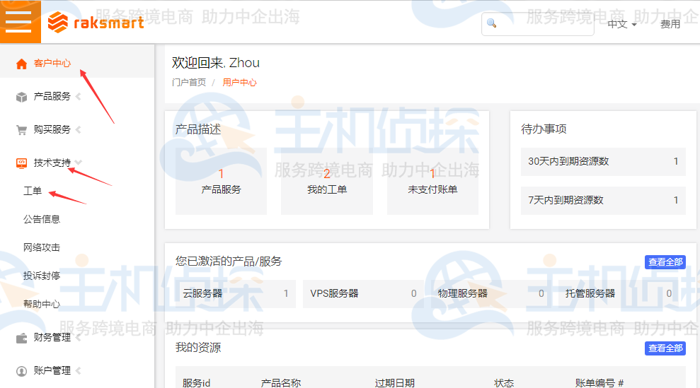 RAKsmart客户中心页面