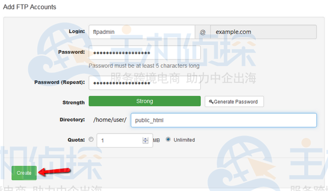 创建新的 FTP 帐户