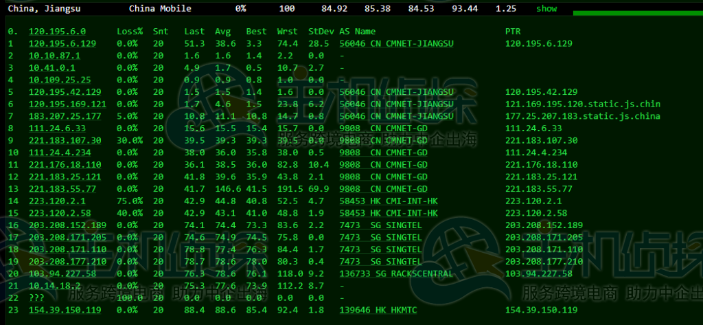 Megalayer新加坡VPS主机去程路由追踪
