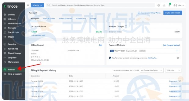 Linode账户管理页面