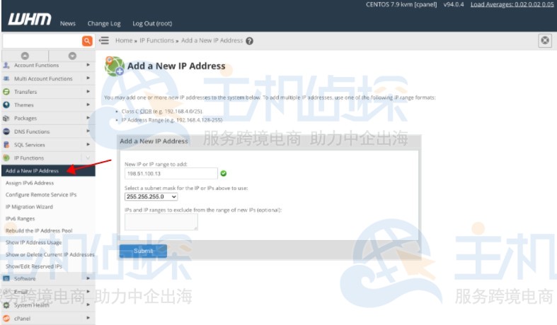 WHM面板添加IP地址