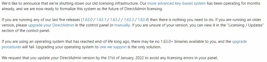DirectAdmin宣布将关闭旧的许可基础架构