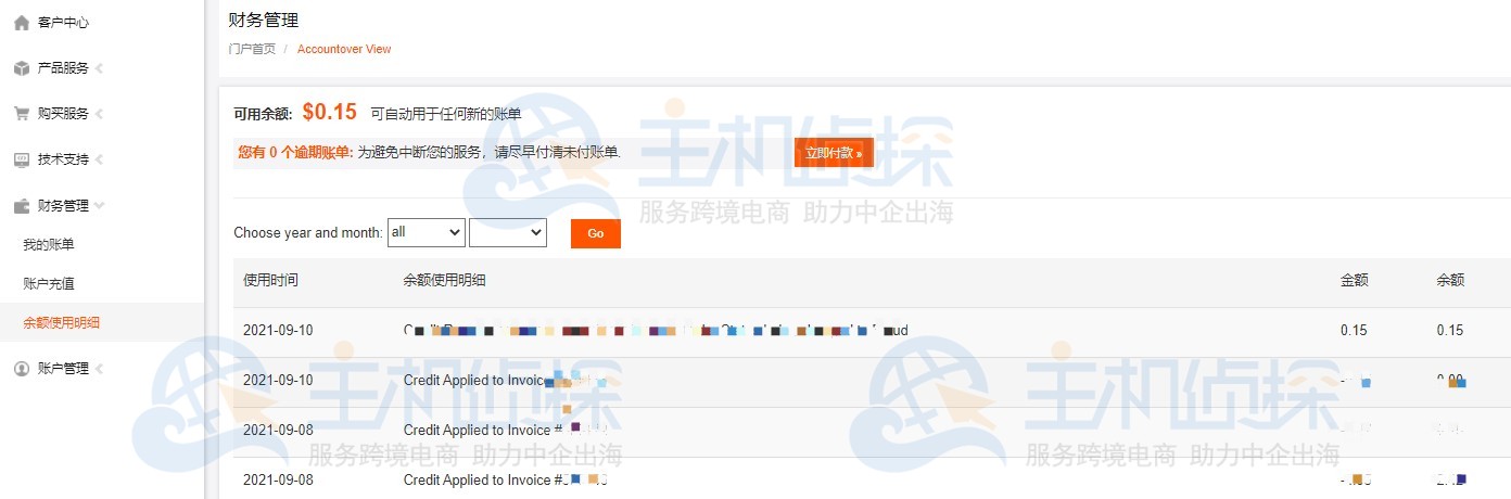 RAKsmart账户余额使用明细