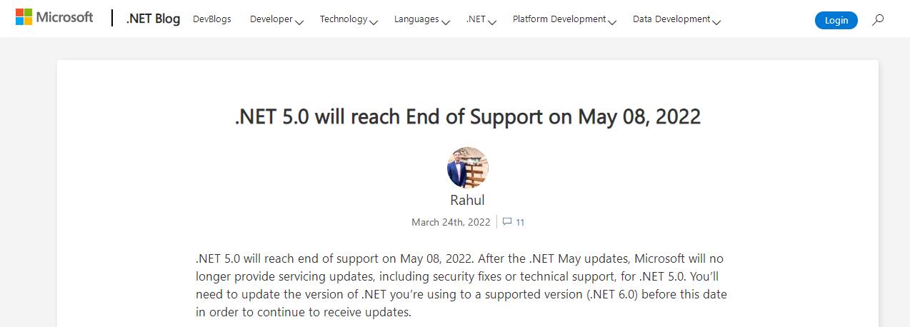 .NET 5.0将于2022年5月8日结束支持