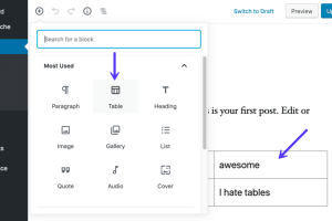 Gutenberg区块编辑器中的表格