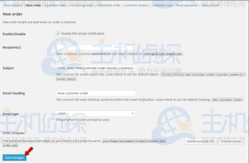 编辑新订单电子邮件模板