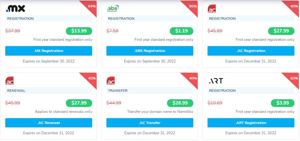 NameSilo2022年9月域名促销优惠