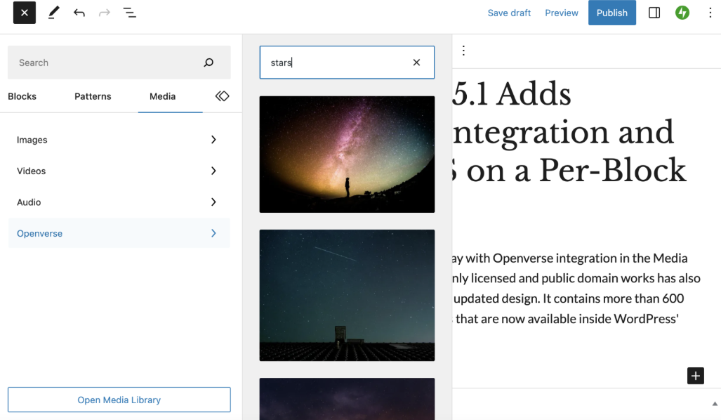 Gutenberg 15.1增加了Openverse集成