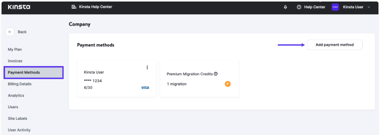 Kinsta添加付款方式