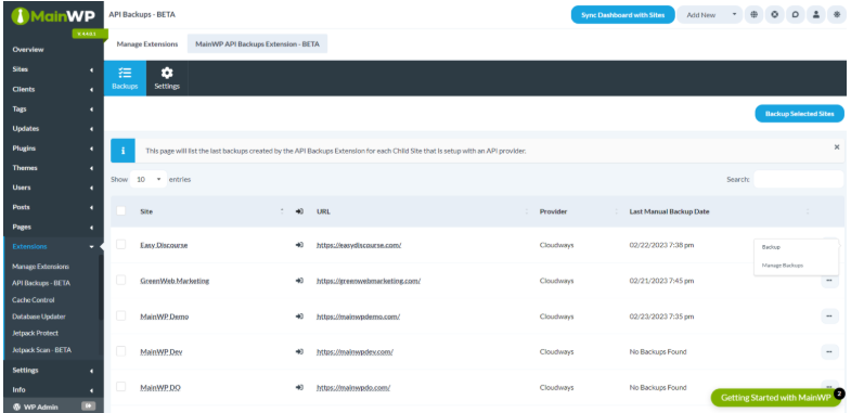 MainWP仪表板备份和恢复子站点教程