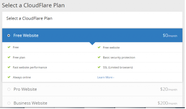 选择CloudFlare计划