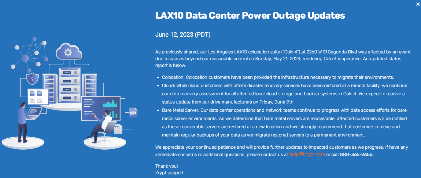 Krypt美国洛杉矶LAX10数据中心停电最新消息