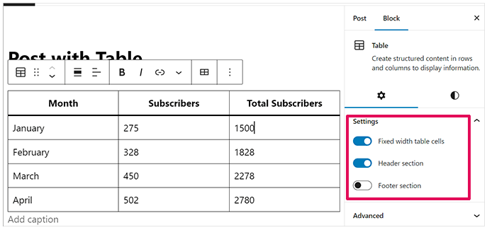 使用WordPress块编辑器创建表格