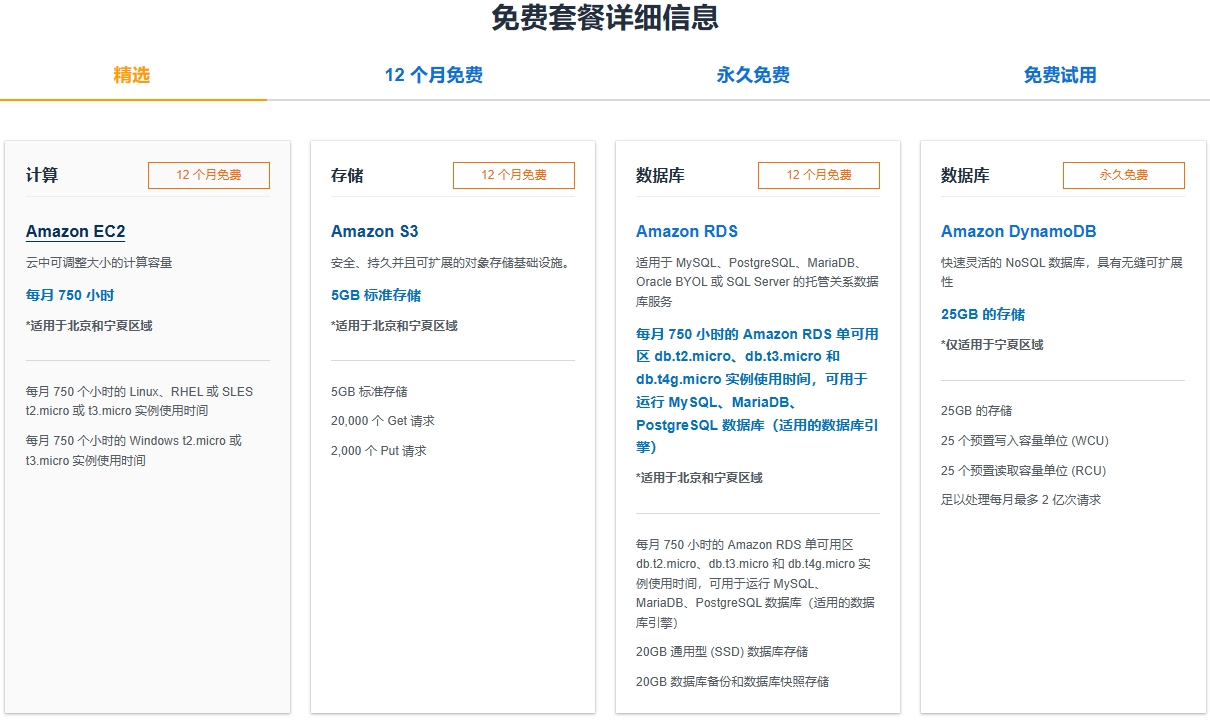亚马逊云科技免费套餐