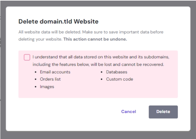 Hostinger账户中删除网站