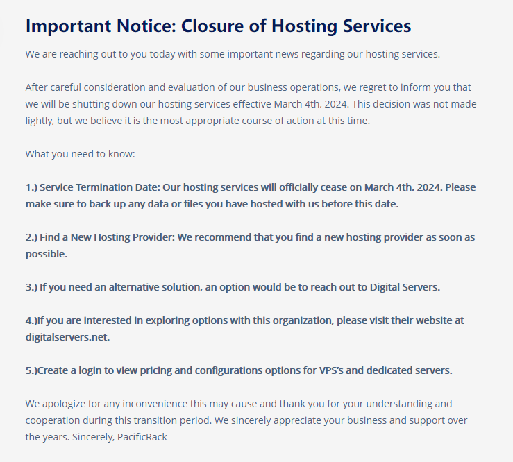 Pacificrack宣布停止运营