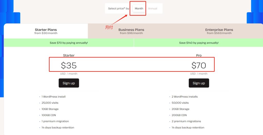 Kinsta Starter Plans月付方案
