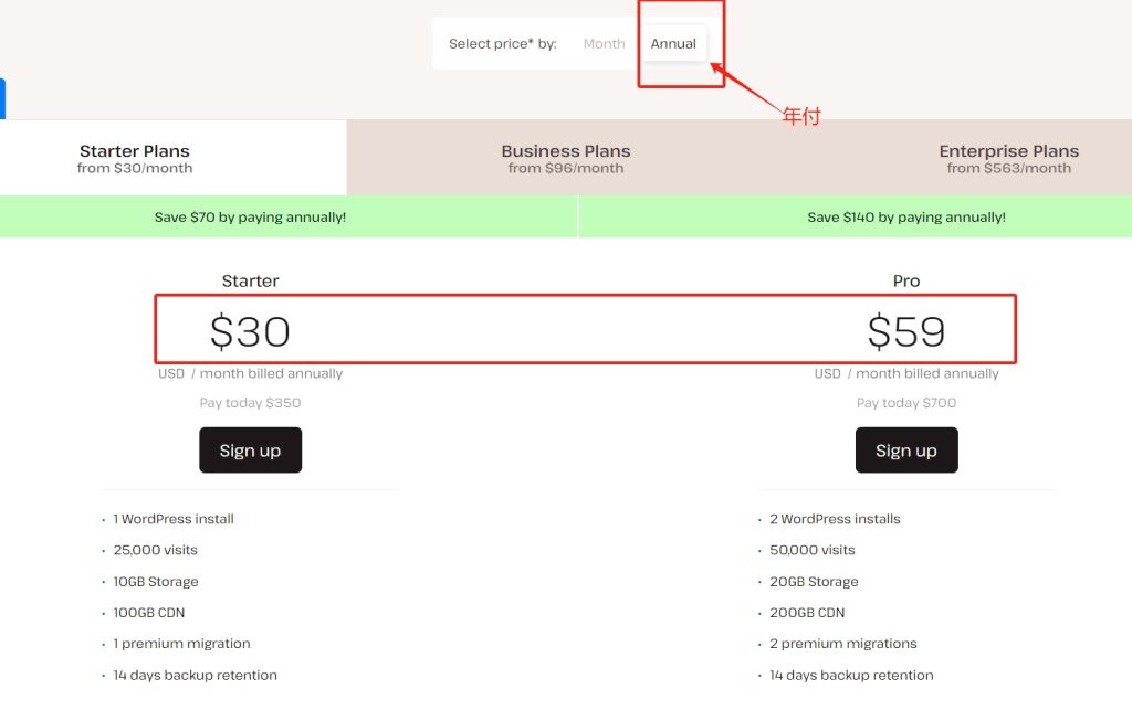 Kinsta Starter Plans年付方案