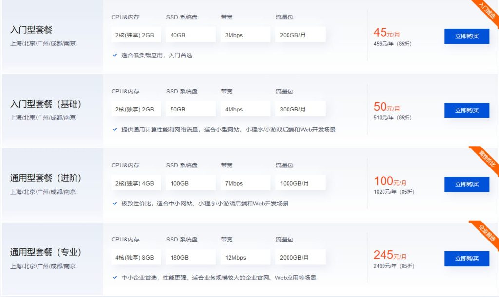 腾讯云中国内地地域轻量应用服务器