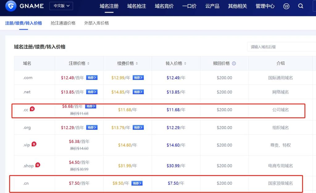 .cc域名和.cn域名注册价格