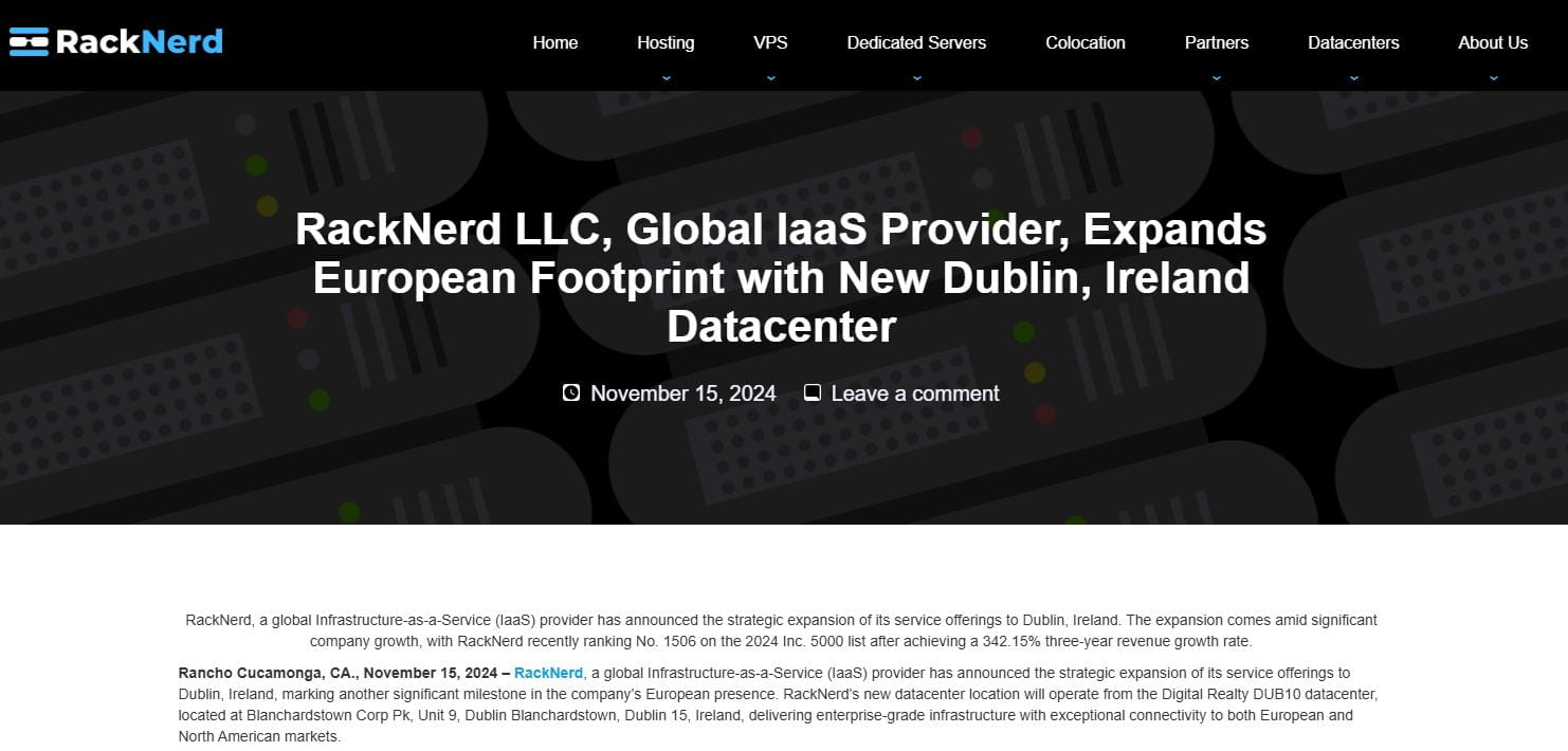 RackNerd新增爱尔兰都柏林数据中心