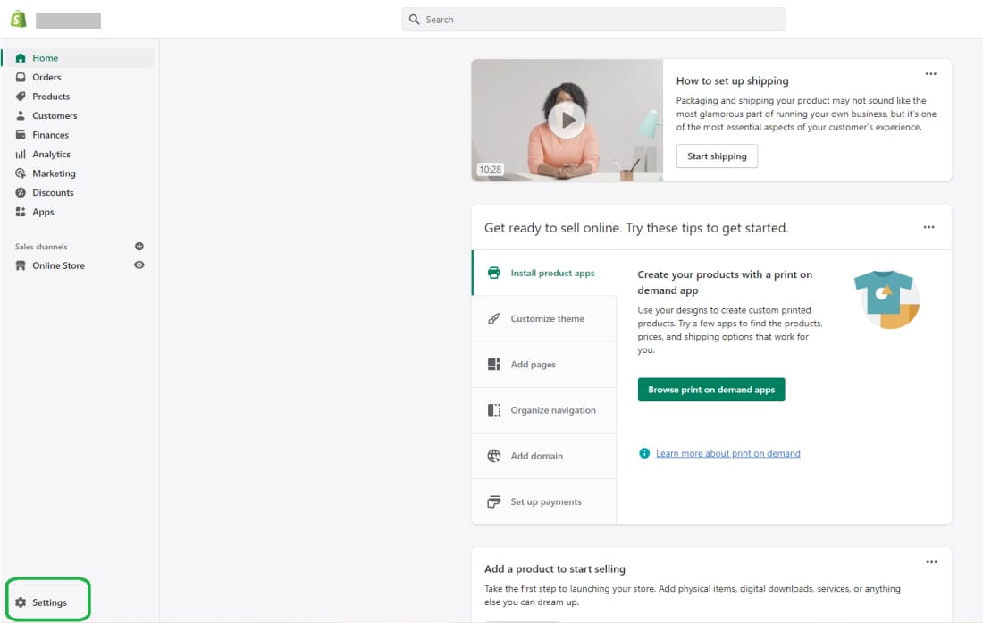 在Shopify账户页面的左下角找到Settings