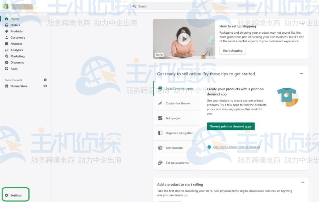 在Shopify账户页面的左下角找到Settings