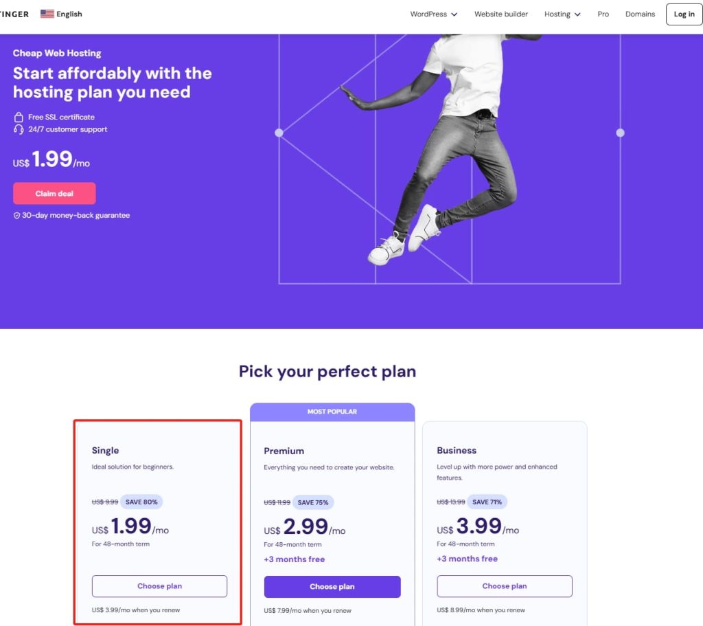指向“Single”Hostinger单网站主机方案
