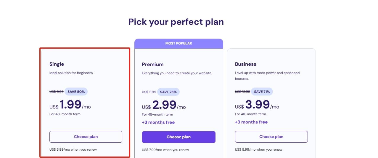 指向“Single”Hostinger单网站主机方案