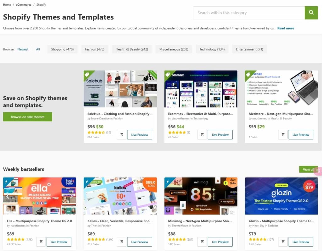 ThemeForest内shopify主题页面