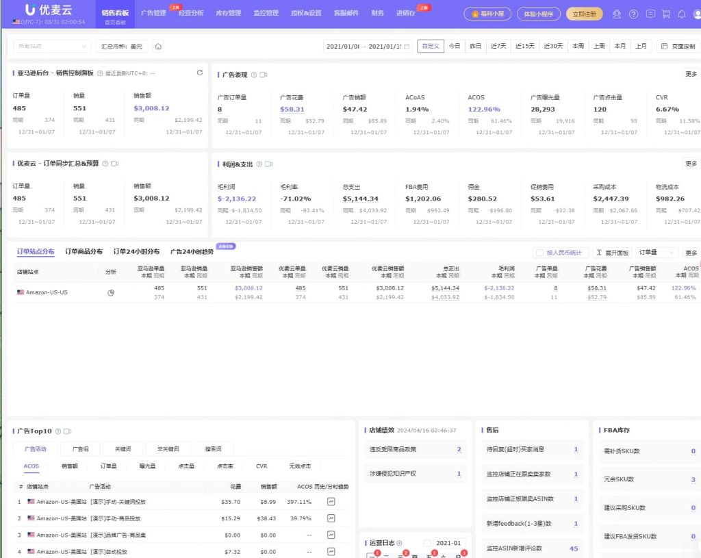 亚马逊电商工具优麦云后台界面