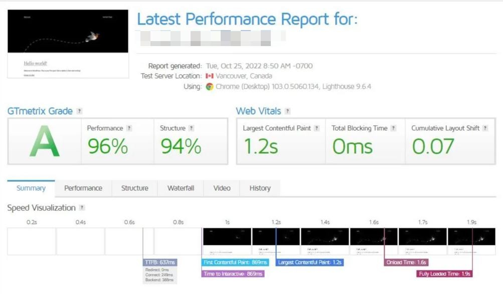 BlueHost美国虚拟主机第一次GTmetrix测试