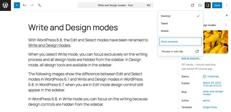 预览下拉列表中显示模板切换