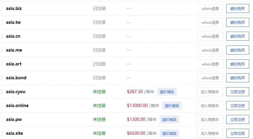 asia域名后缀注册价格