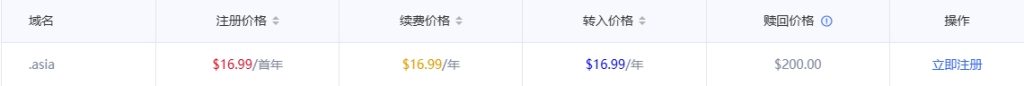 asia域名注册价格