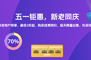 尊云五一钜惠 全场低至3折起 香港云服务器低至78元/月