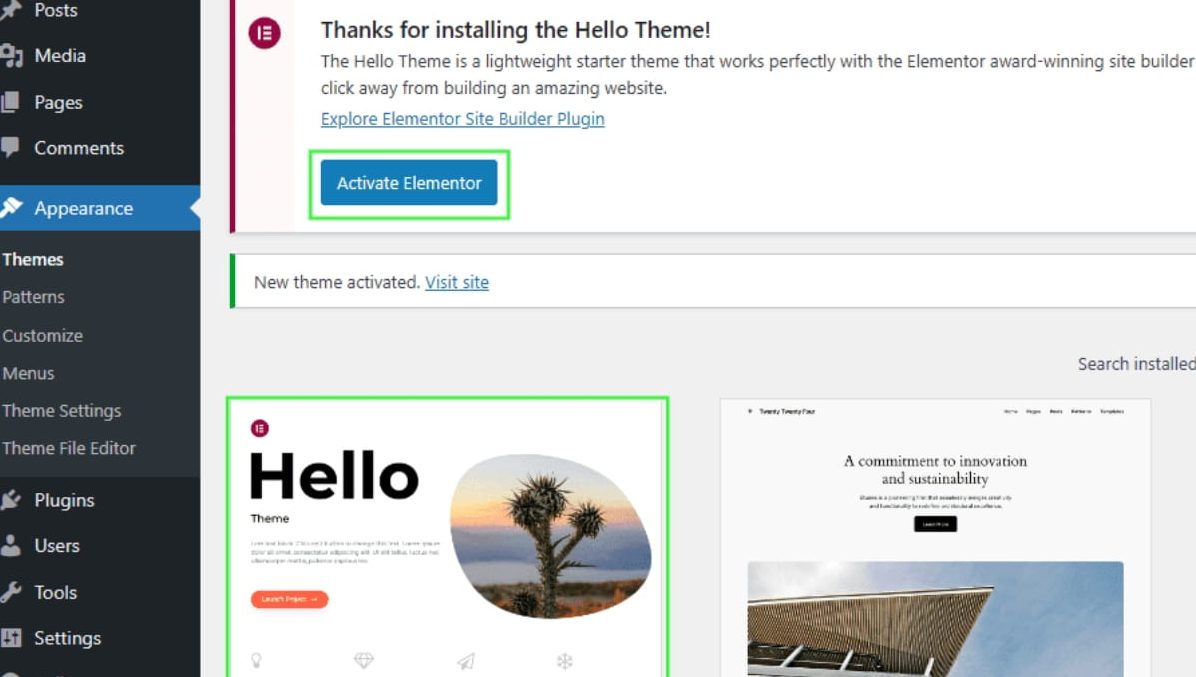 激活 Elementor 页面构建器插件
